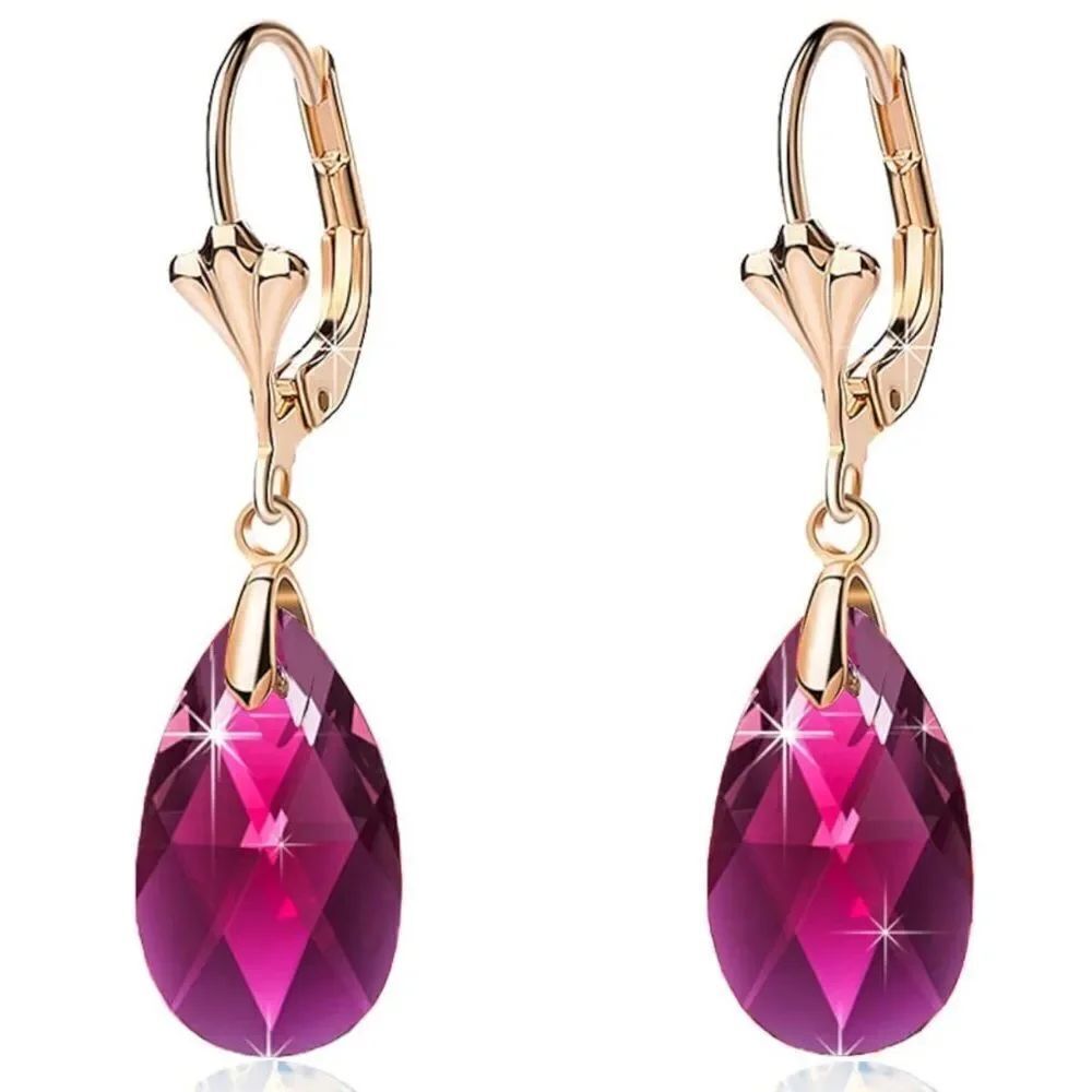 14K Yellow Gold with Fuchsia Pink Austrian Crystal Teardrop Leverback Earrings